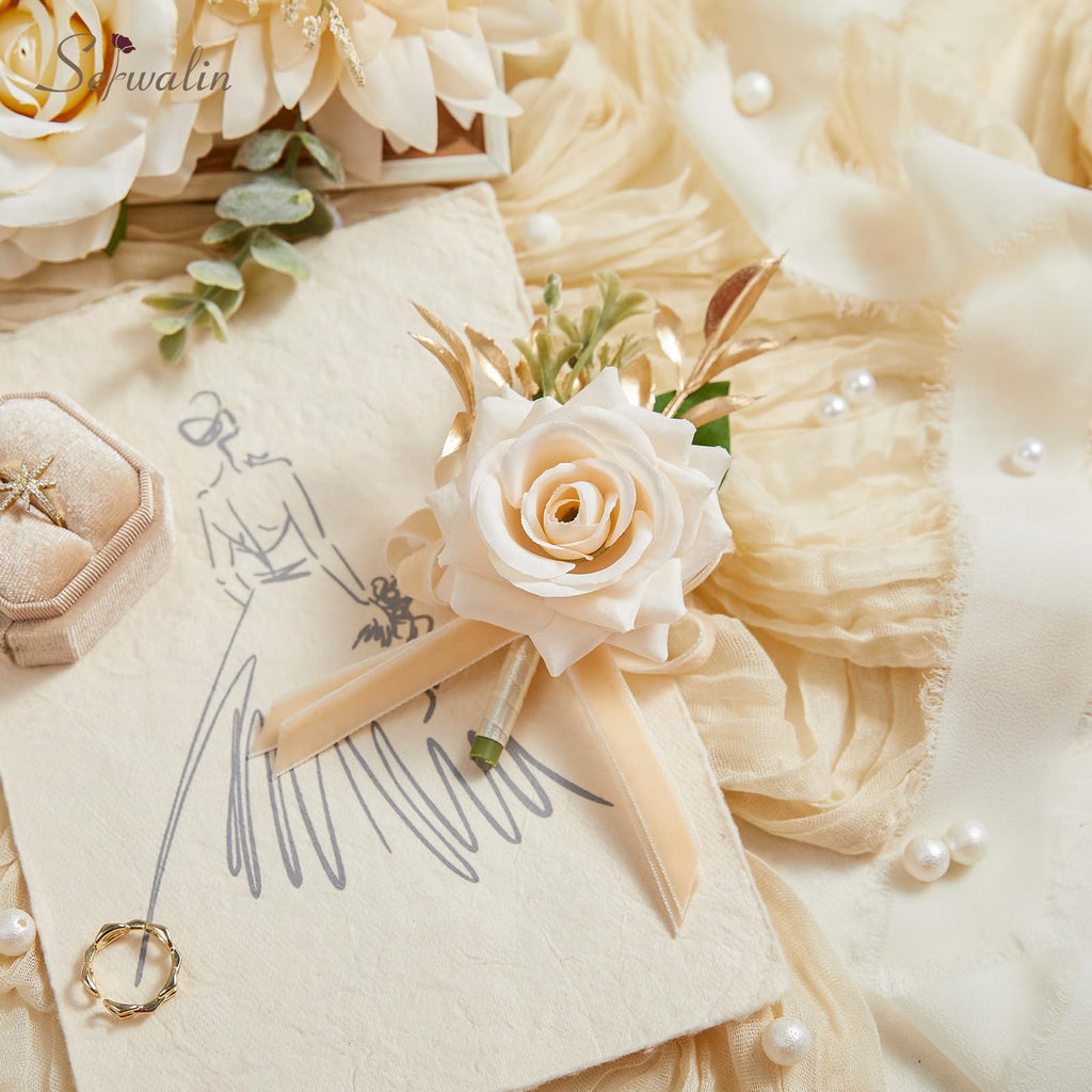 Serwalin Champagne Rose Corsage and Boutonniere Set,2Pcs Boutonniere and Wrist Corsage Wristband Roses Prom Flower Wedding Flowers Accessories Prom Suit Decorations