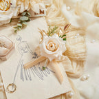 Serwalin Champagne Rose Corsage and Boutonniere Set,2Pcs Boutonniere and Wrist Corsage Wristband Roses Prom Flower Wedding Flowers Accessories Prom Suit Decorations