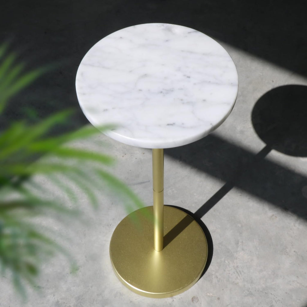 Nature Marble Drink Table, Pedestal Table, Small Round Side Table, Martini Table for Living Room, Bathroom, Small Space (White)