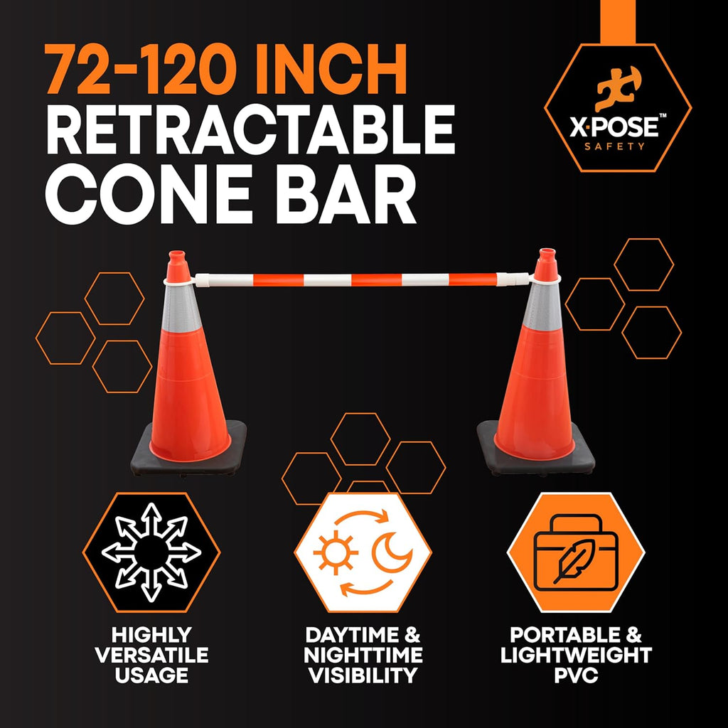 Retractable Barrier for Safety Traffic Cones - 2" OD - Large Yellow and Black Bar Barricade - for Road Construction, Parking, Warning, Temporary Security Divider (40, Orange & White, 72" x 120")
