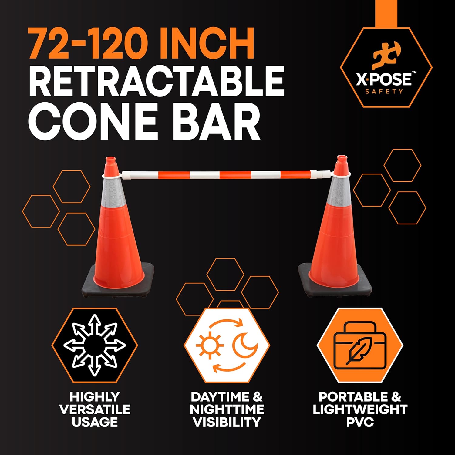 Retractable Barrier for Safety Traffic Cones - 2" OD - Large Yellow and Black Bar Barricade - for Road Construction, Parking, Warning, Temporary Security Divider (40, Orange & White, 72" x 120")