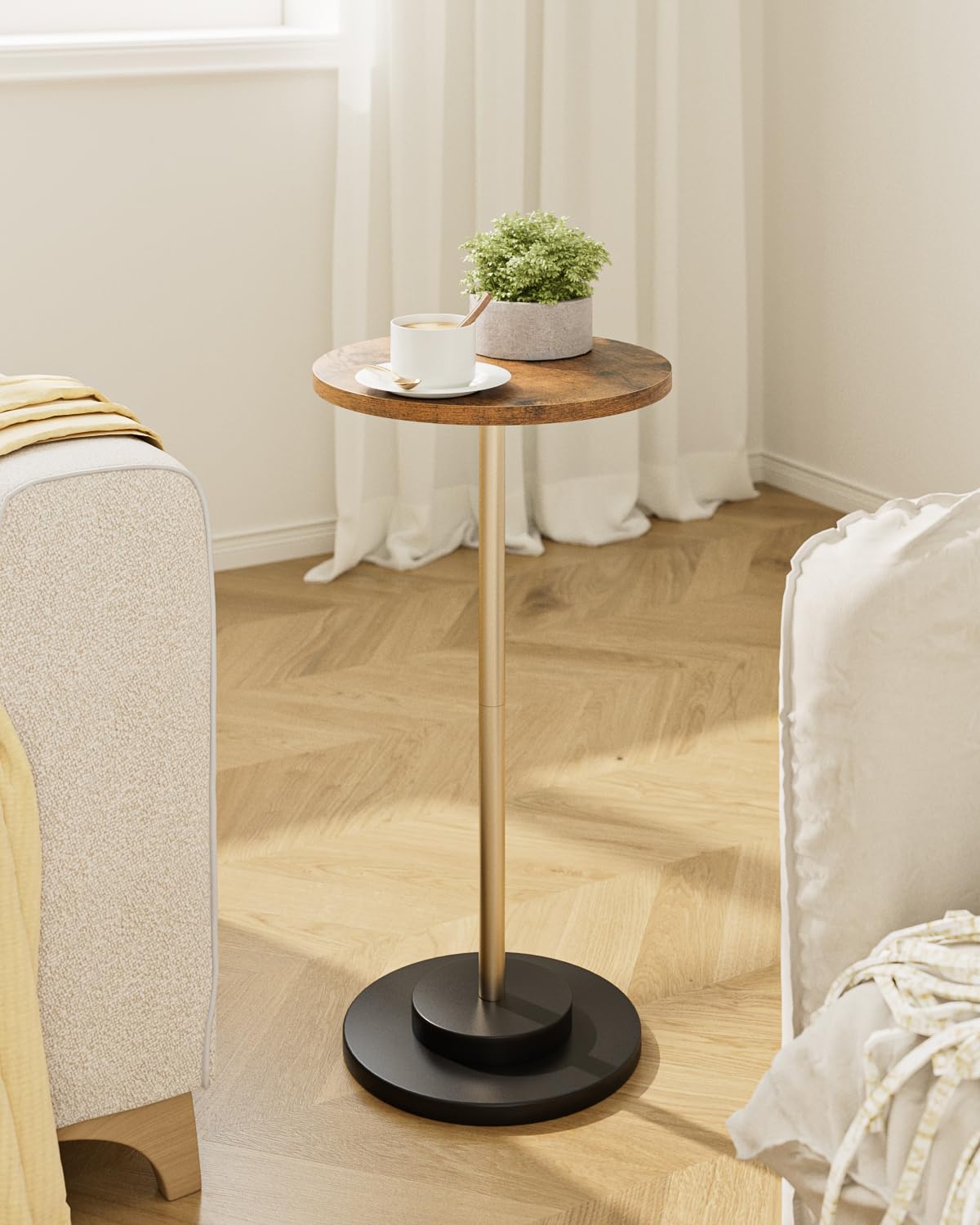 Masupu Drink Table, Round Side Table for Small Spaces, Pedestal Side Table, Small End Table with Metal Base, for Living Room, Bedroom, Bathroom, White