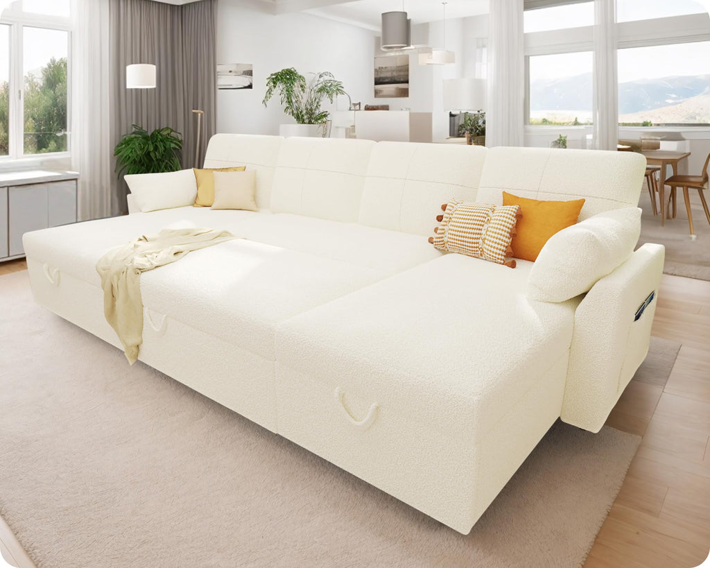 VanAcc Sofa Bed, 85 Inch Sleeper Couch with Storage Seat, L Shaped Sofa with Pull Out Sofa Bed, Sectional Couches for Living Room Apartment, Grey Linen Couch Sofa