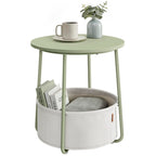 VASAGLE Small Round Side End Table, Modern Nightstand with Fabric Basket, Matte White and Camel Brown ULET223W10