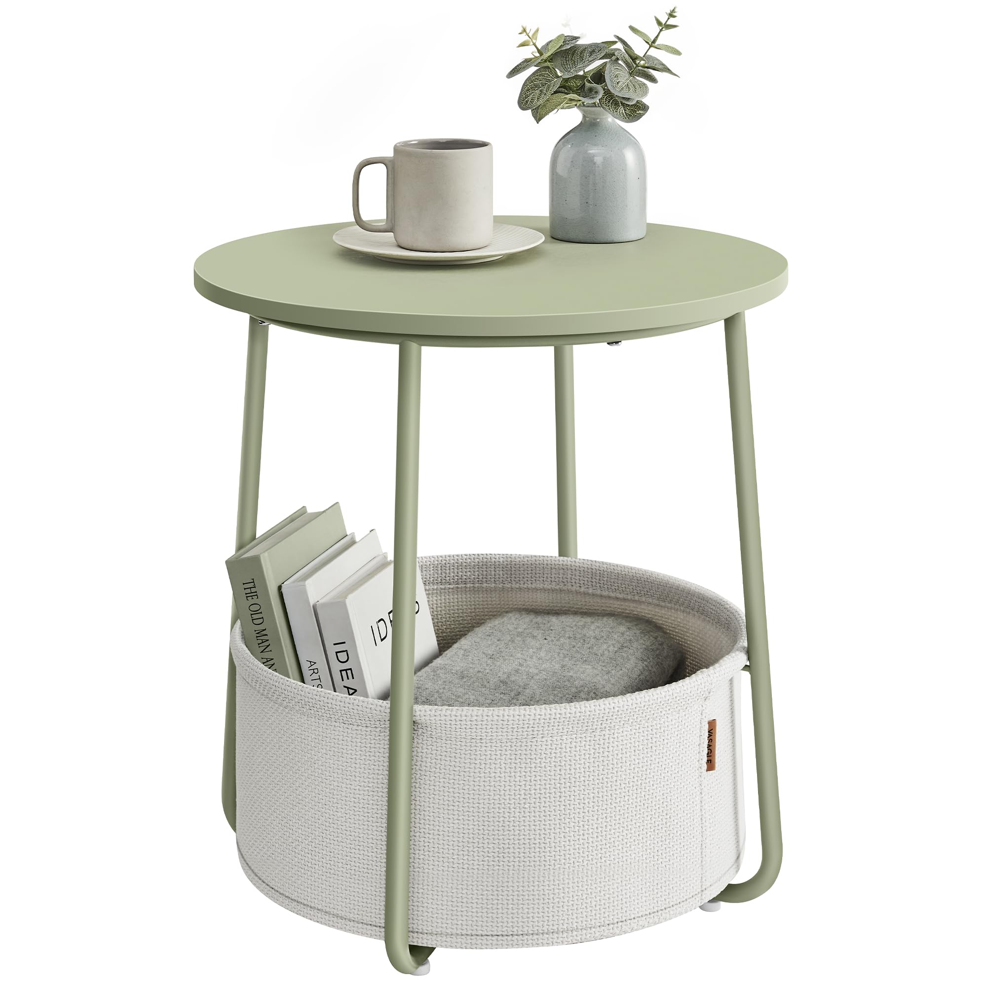 VASAGLE Small Round Side End Table, Modern Nightstand with Fabric Basket, Matte White and Camel Brown ULET223W10