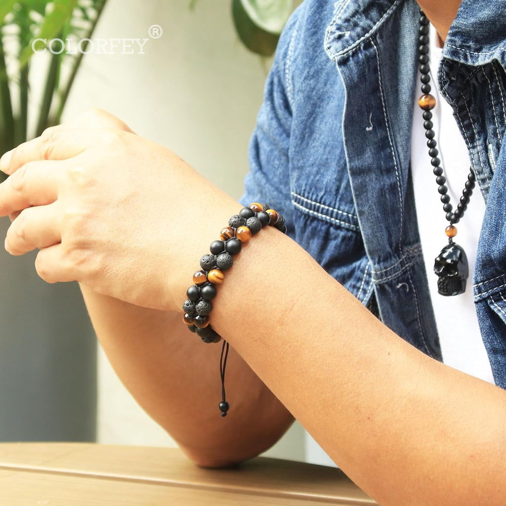 Triple Protection Bracelet for Men Women, Genuine Premium Tiger Eye Black Onyx and Lava Rock 8mm Handmade Bead Bracelet Healing Crystal Protection Bracelet Bring Luck and Prosperity and Happiness