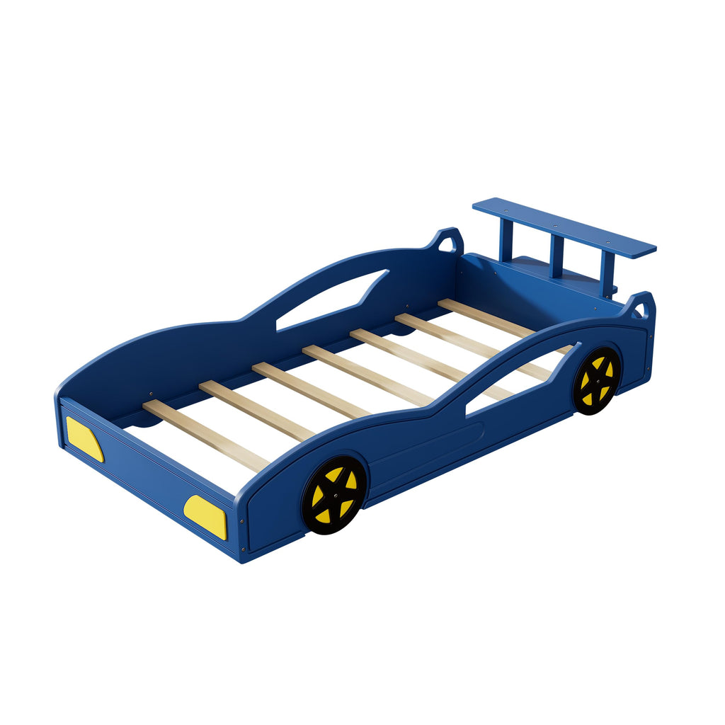 Lit plateforme en forme de voiture de course LUMISOL taille simple, cadre de lit en bois avec roues et barrières de sécurité pour chambre d'enfants, pas besoin de sommier, bleu