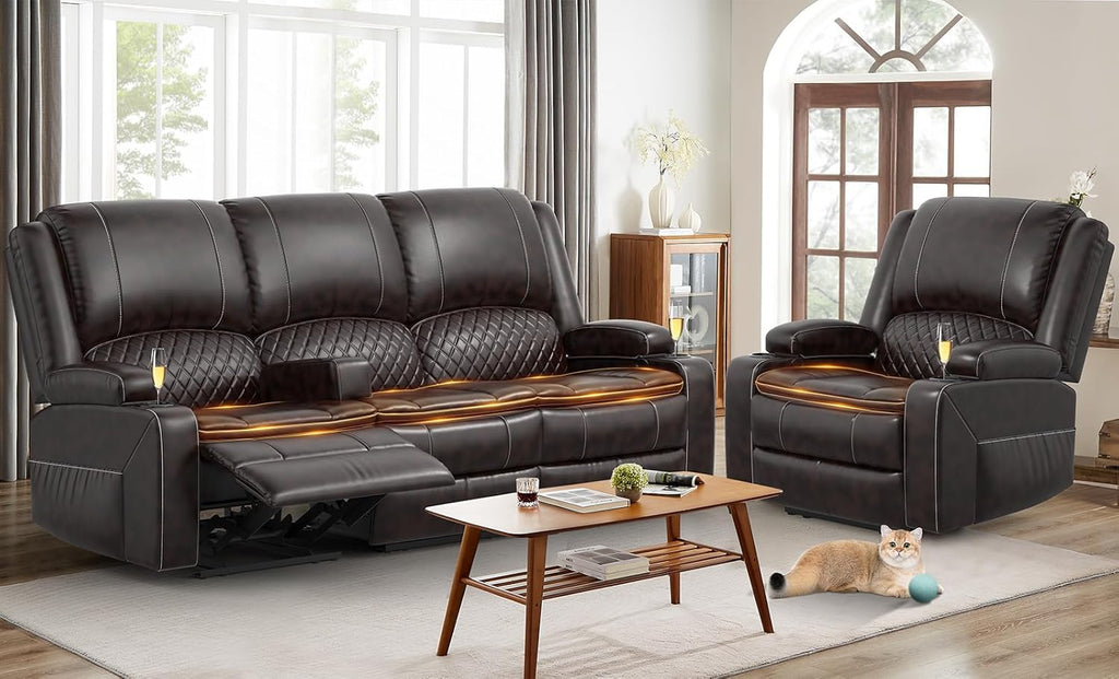 3 Seater Recliner Sofa Set with 2-Tier Cushion, 3+1 Pieces in Living Room, 3 Seater Reclining Couch Leather with Removable Console, 1 Oversize Recliner Chair Sofa Seat