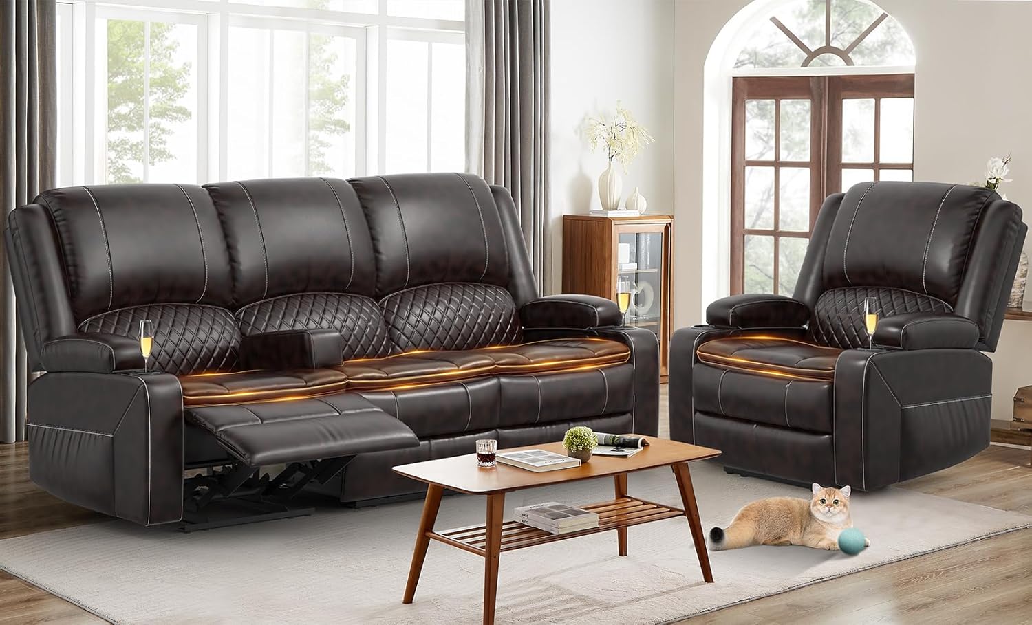 3 Seater Recliner Sofa Set with 2-Tier Cushion, 3+1 Pieces in Living Room, 3 Seater Reclining Couch Leather with Removable Console, 1 Oversize Recliner Chair Sofa Seat