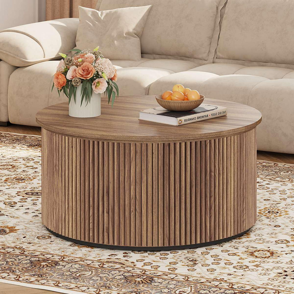 FATORRI Round Coffee Table with Storage, 31.5 Inch Modern Fluted Center Table, Woodern Accent Coffee Tables for Living Room, Black