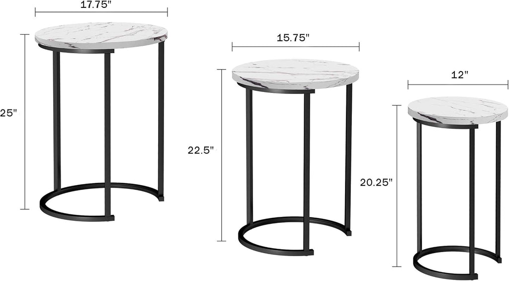 Lavish Home Nesting Tables - Set of 3 Round Side Tables for Living Room, Bedroom, or Home Office - Faux Marble End Table Set - Modern Living Room Furniture (White)