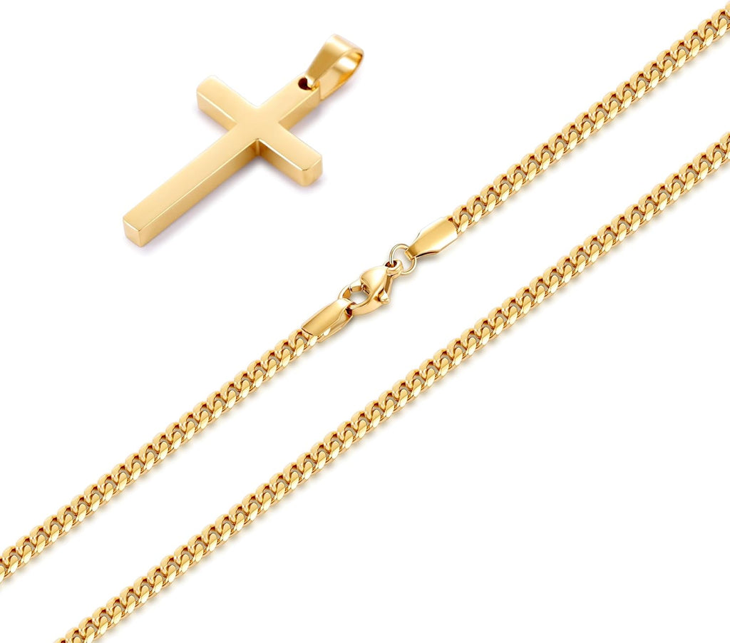 Fiusem Cross Necklace for Men and Women, Gold Plated Mens Cross Necklaces with 3.5mm Cuban Chain, Stainless Steel Pendant Chain 16-24 Inches