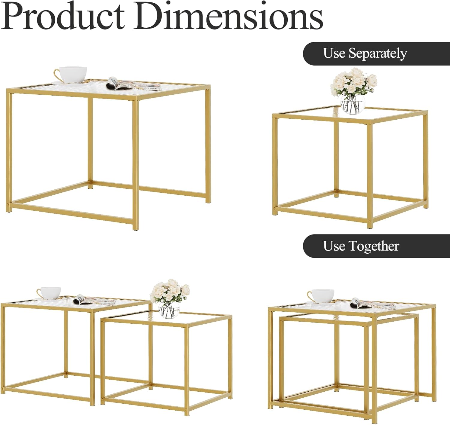 VILAWLENCE Coffee Table Set of 2, Modern Gold Glass Side Table, Metal Frame Square End Table, Center Tables, Nesting Coffee Table for Living Room, Bedroom and Small Spaces, 23.6in