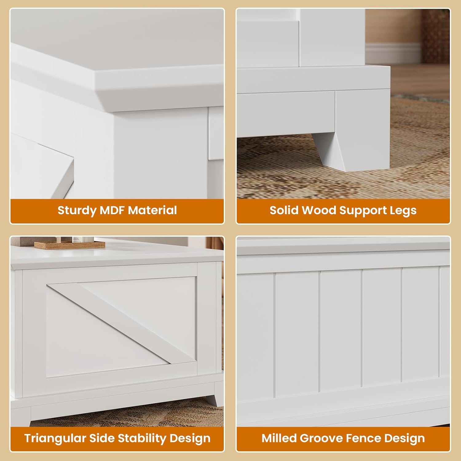 48” Lift Top Coffee Table for Living Room, Coffee Tables with Large Storage & Fence Design, Coffee Table Lifting top for Living Room Rustic Center Table for Home and Office, White