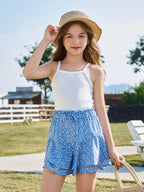 Pige blomstrede nederdele Børnemode elastisk høj talje flæse flydende shorts med snøre 5-14 år blå