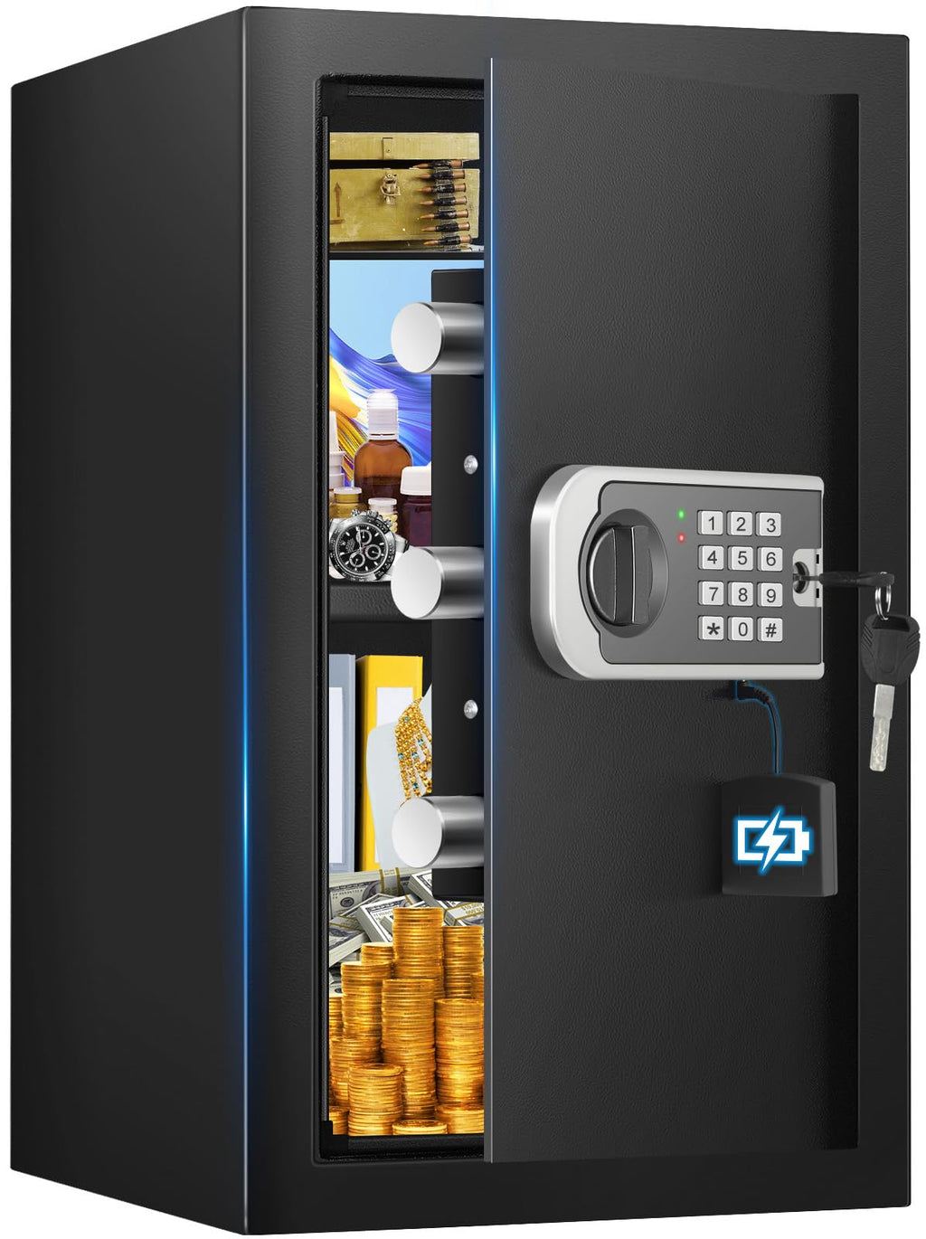 3.0 Cuft Safe Box, Home Safe Brandsikker Vandtæt, Security Digital Safe Box med elektronisk tastatur, Reservenøgle, Smart Alert, Mute Mode, Anti-Theft Brandsikker pengeskab til dokumentpenge Værdifuld