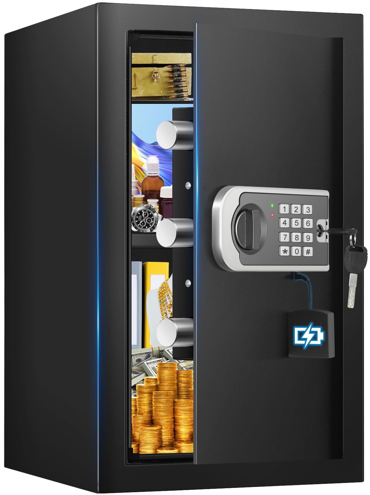 3.0 Cuft Safe Box, Home Safe Brandsikker Vandtæt, Security Digital Safe Box med elektronisk tastatur, Reservenøgle, Smart Alert, Mute Mode, Anti-Theft Brandsikker pengeskab til dokumentpenge Værdifuld