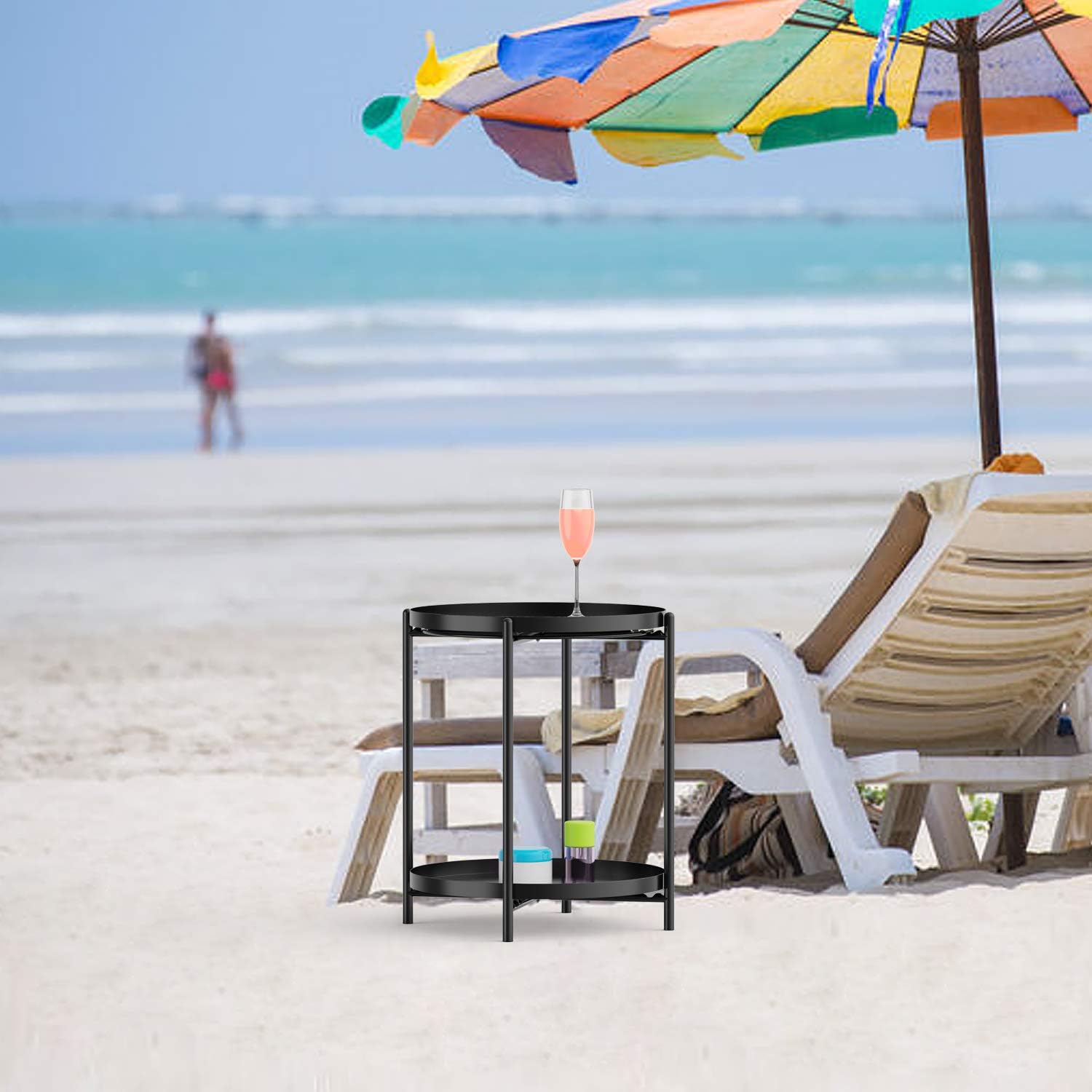 Yesker Side Table, End Table Metal Small Table Indoor Outdoor & Snack Bedside Table Sofa Side Snack Table Accent Coffee Table Living Room Bedroom Balcony 2 Layer (Black)