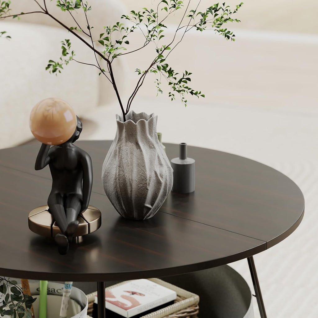 Manora Small Round Coffee Table for Living Room, Modern Center Table with Fabric Basket Storage, Cute Circle Table for Small Spaces, Metal Frame, Dark Brown and Black