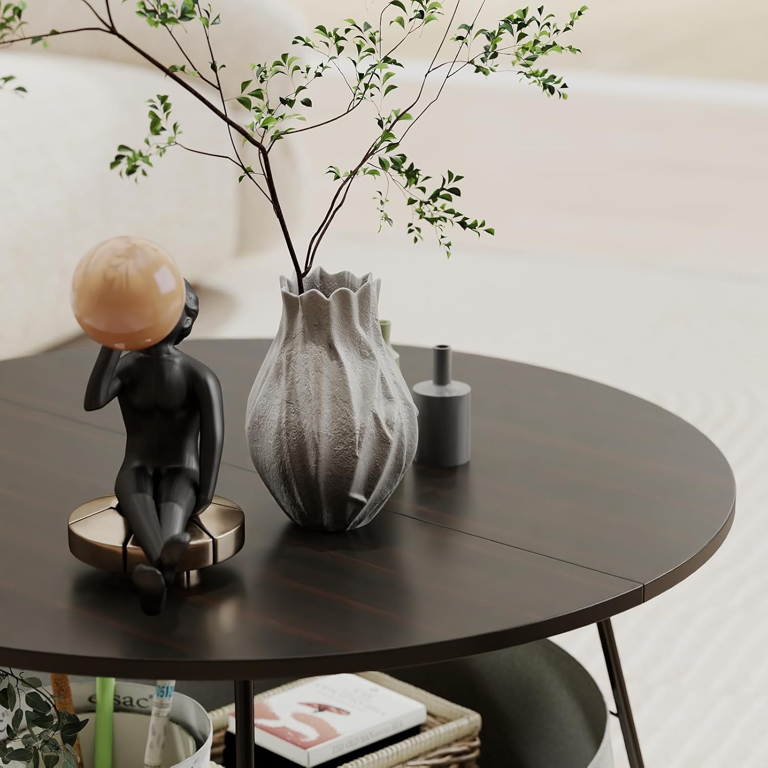 Manora Small Round Coffee Table for Living Room, Modern Center Table with Fabric Basket Storage, Cute Circle Table for Small Spaces, Metal Frame, Dark Brown and Black