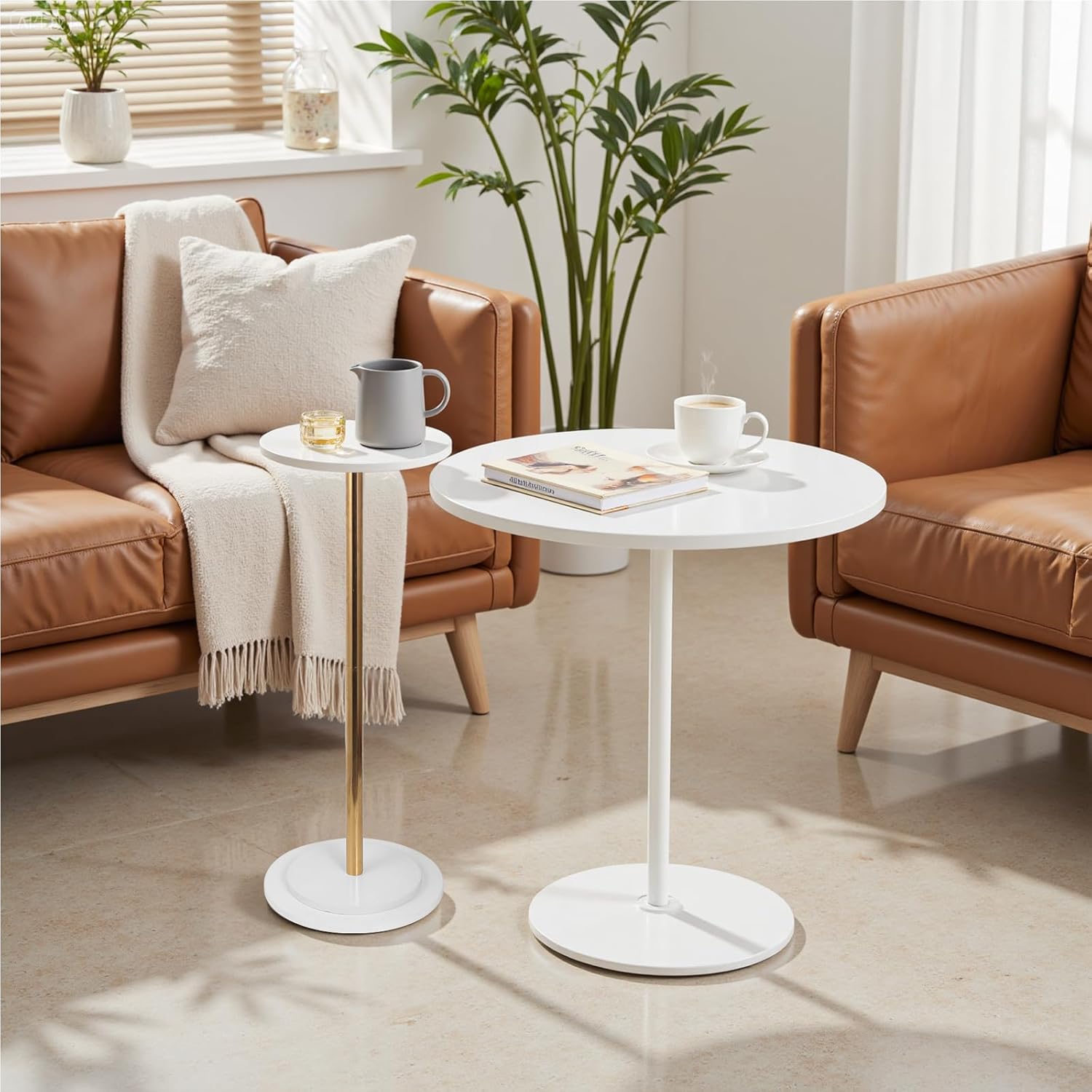 Premium Stone Round Drink Table,Heavy Duty Engineered Marble Base Top Coffee Table,Cocktail Accent End Table for Living Room, Weighted Base Small Accent Side Table for Bedroom, Corners,White