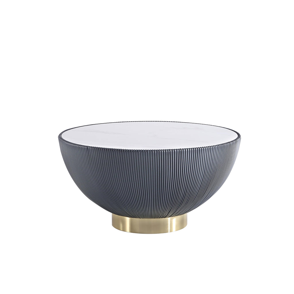 Manhattan Comfort Anderson Modern 28.15" Round Coffee Table 2.0 - Ceramic Marble Tabletop, Elegant Pleated Leatherette Details & Gold Base, Fully Assembled Accent Furniture, Set of 1, Cream