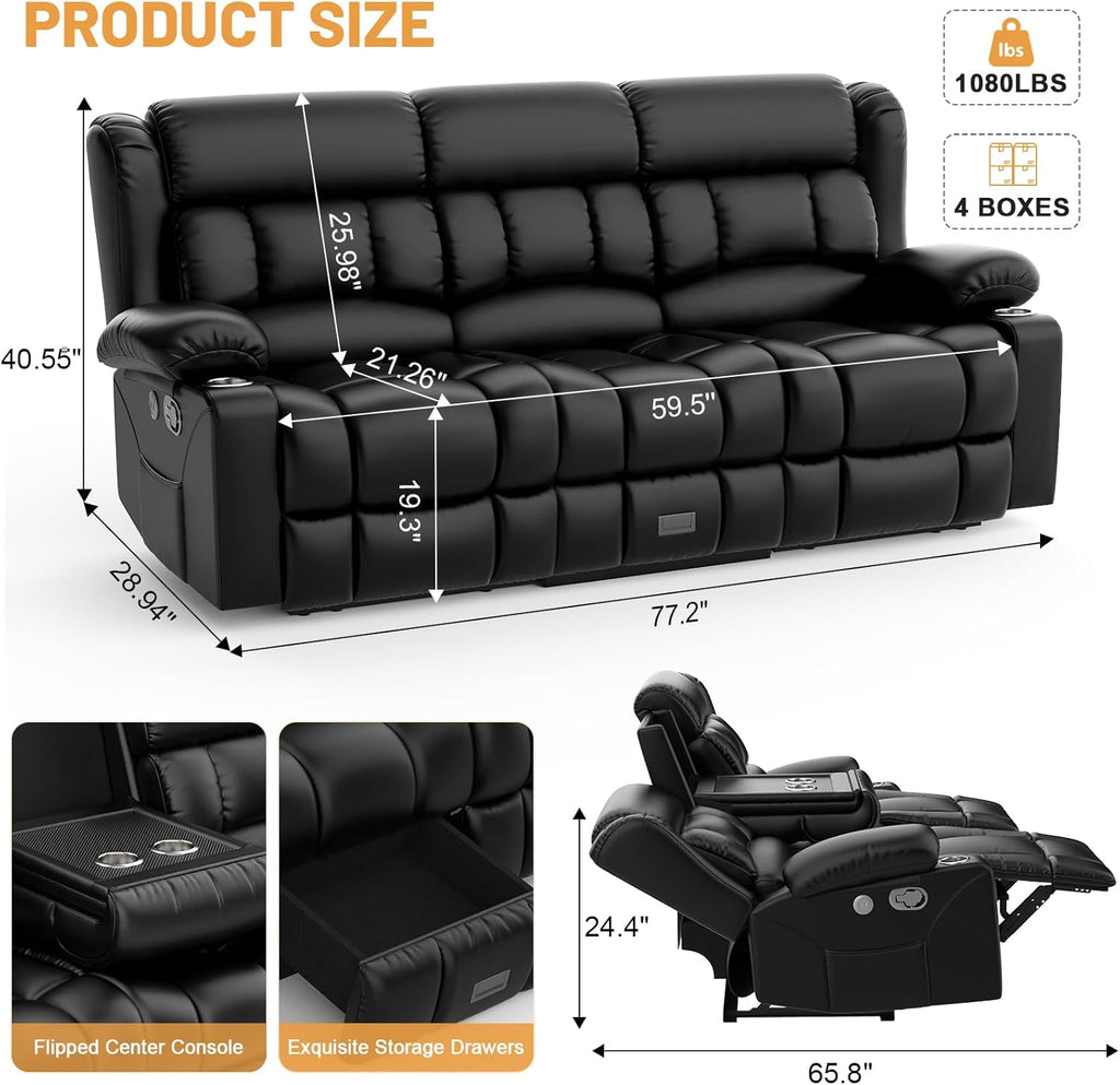 Loveseat Recliner Sofa, Flip Middle Backrest Design PU Leather 3 Seat Reclining Sofa with Storage Drawer, Manual Couch for Living Room/RV (Black, PU)