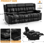 Loveseat Recliner Sofa, Flip Middle Backrest Design PU Leather 3 Seat Reclining Sofa with Storage Drawer, Manual Couch for Living Room/RV (Black, PU)