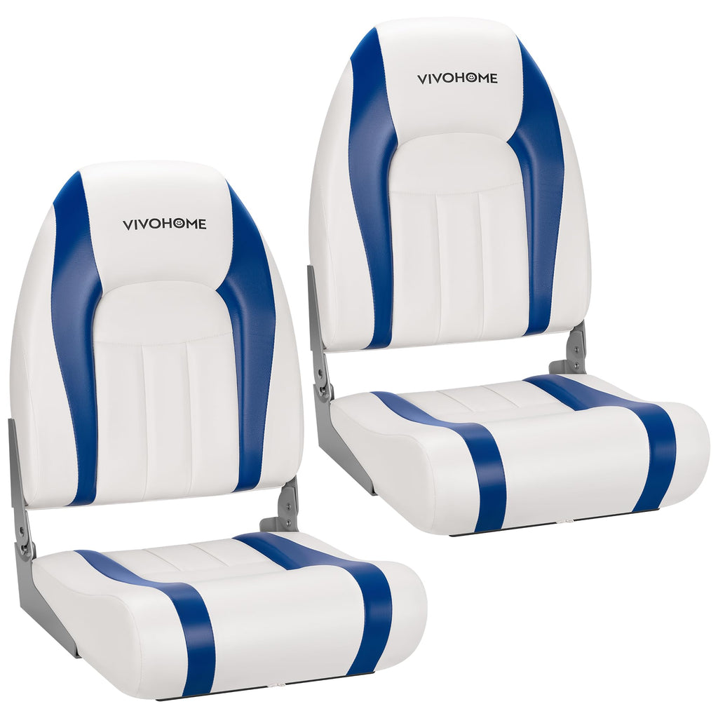 VIVOHOME Folding Low Back Boat Seats 2 Pack, Waterproof Boat Captain Chairs, 4 Mounting Screws Included, White and Blue