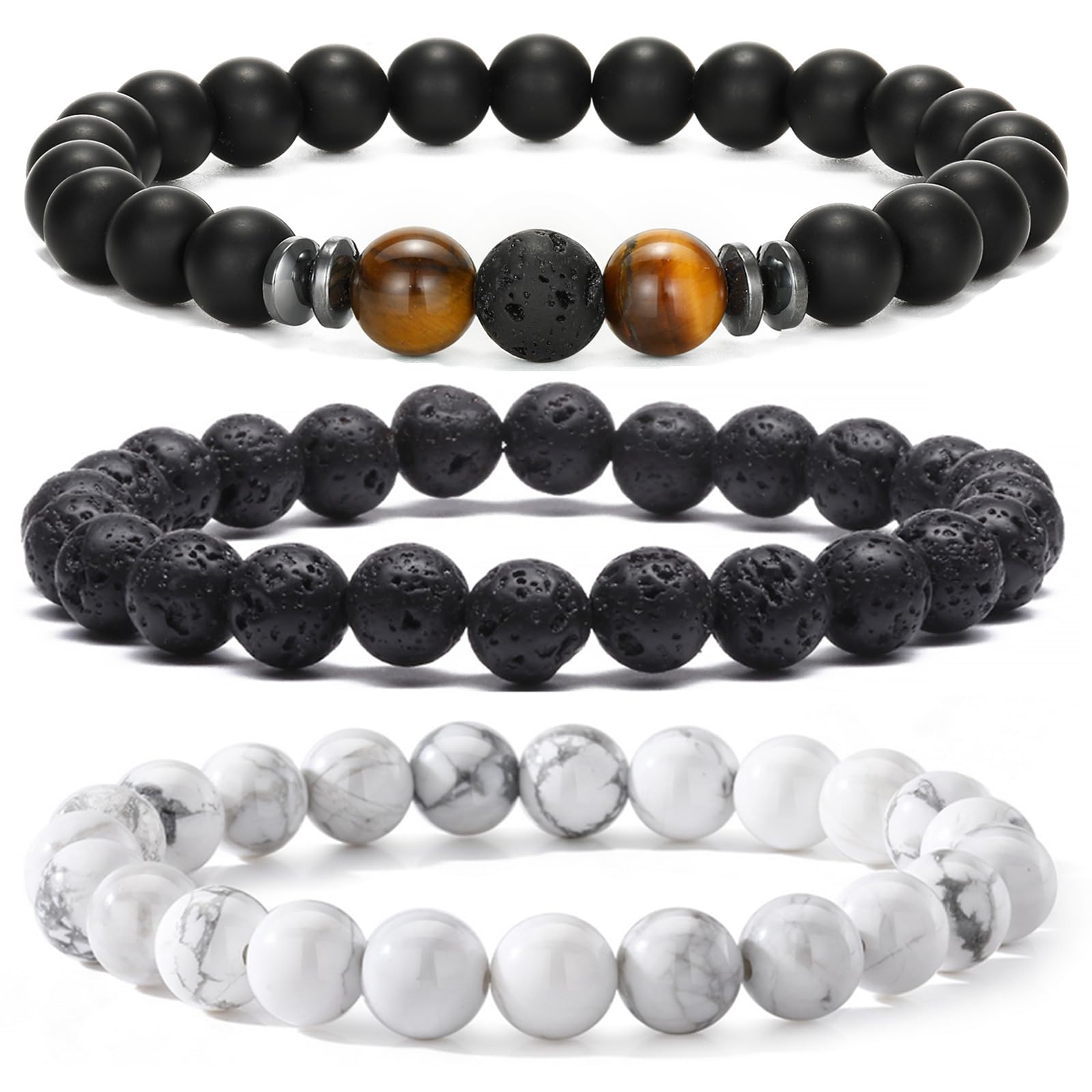 MengPa Mens Beaded Bracelets Couples Matching Bracelet Set Lava Rock Beads for Women Stone Jewelry