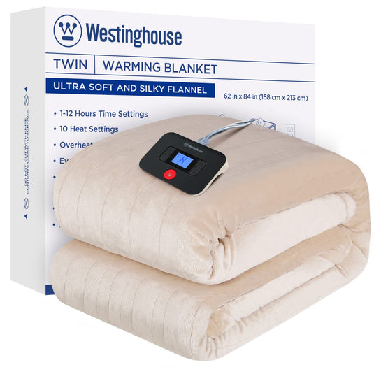 Westinghouse Electric Blanket Queen Size, Super Cozy Soft Flannel 84" x 90" Heated Blanket with 10 Fast Heating Levels & 1-12 Auto-Off, Machine Washable, ETL&FCC Certification, Beige