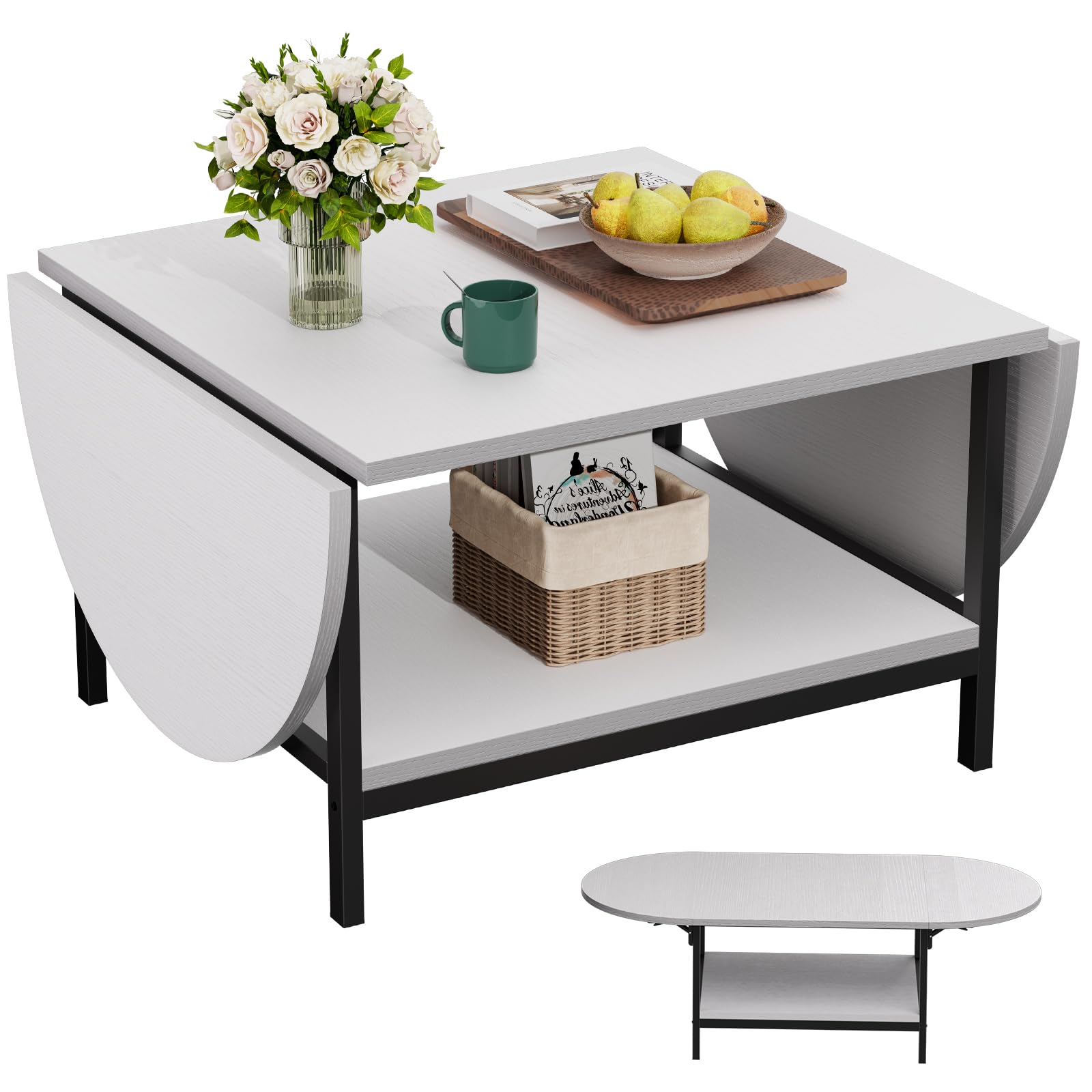 SAYGOER Black Coffee Table Modern Extended Coffee Tables with Storage for Living Room 2-Tier Unique Center Table with Two Folding Panel for Any Large or Small Space,Foldable, All Black
