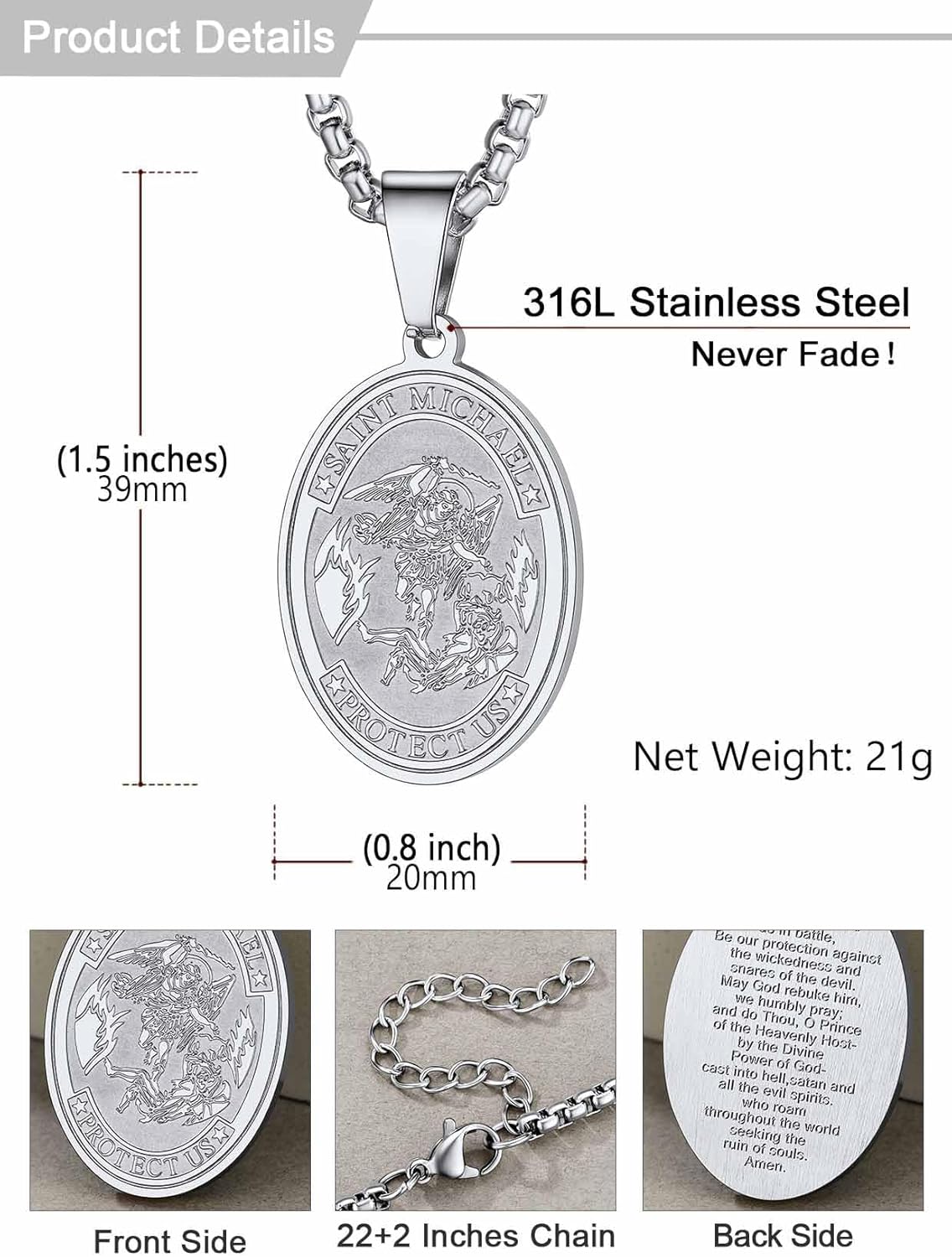 U7 St. Michael Necklace for Men Women Stainless Steel/18K Gold Plated Biblical Archangel Medal Round/Oval/Shield Patron Saint Christopher/Michael Pendant with 22" Box Chain
