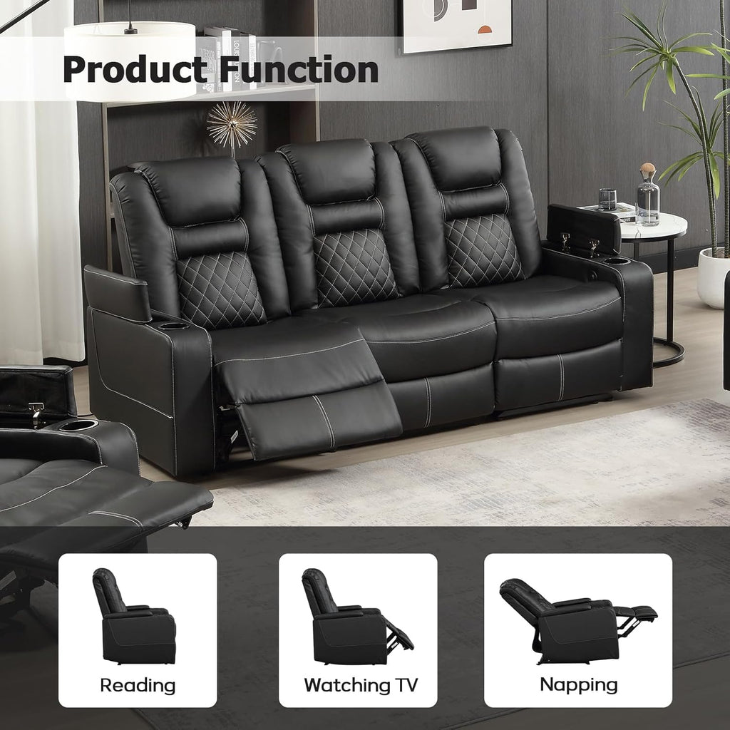 Home Theater Seats, Faux Leather Movie 3 Seat Recliner Sofa with Hidden Arm Storage, Power Gaming Reclining Sofa with USB Charge and Cup Holders