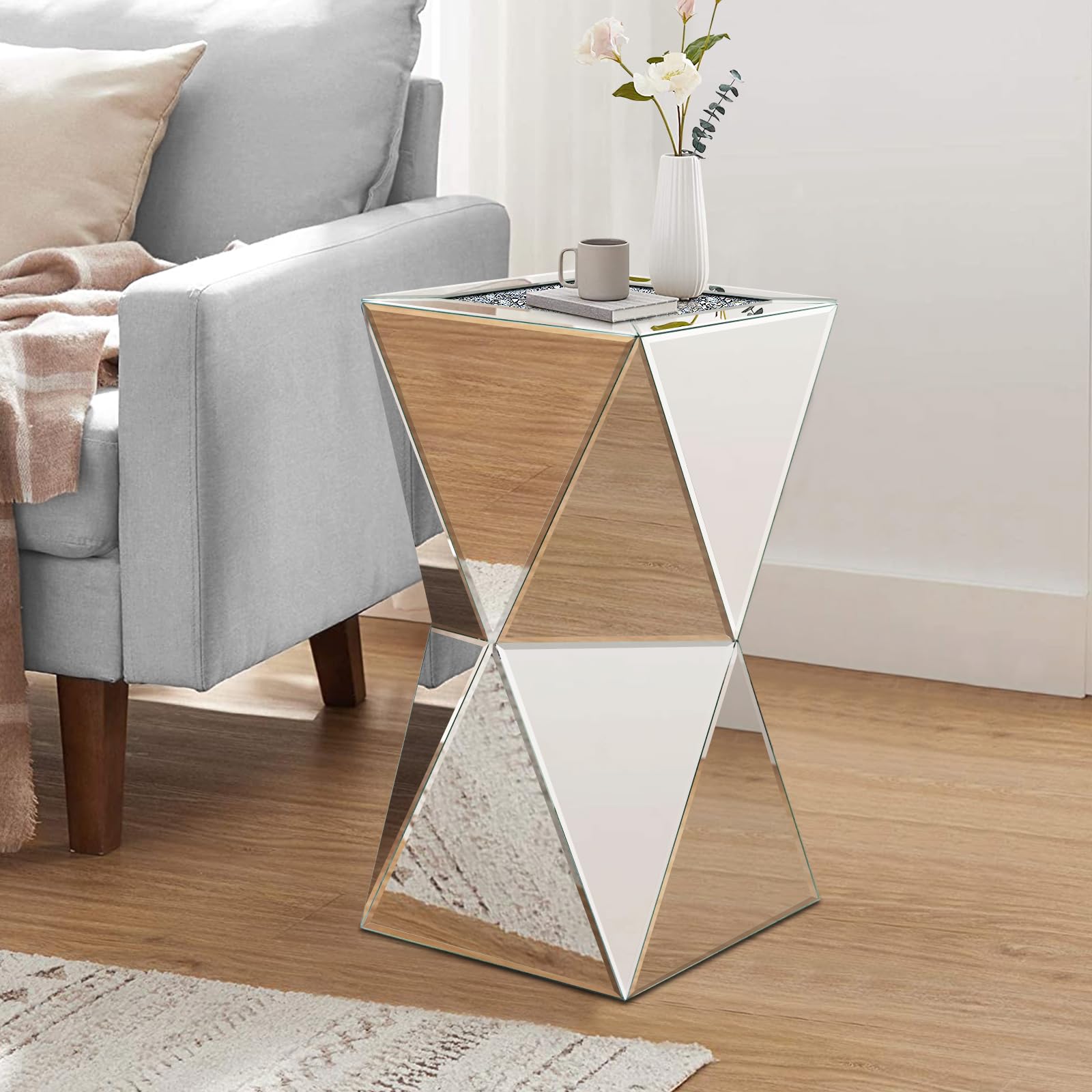 Pregaspor Silver Mirrored End Table, Square Side Table With Crystal Inlay, Modern Gorgeous Coffee Table for Living Room Bedroom