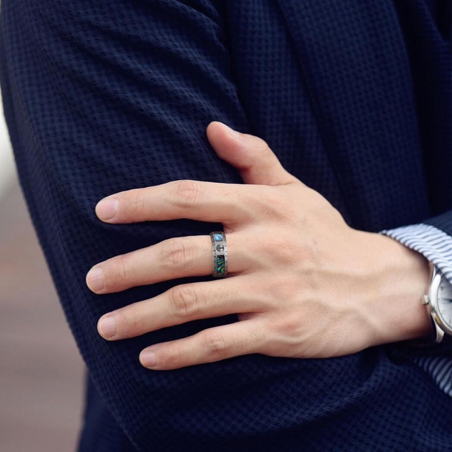 King Will Viking Stainless Steel Wedding Band - 8mm Men Ring with Tree of Life Rune Design and Abalone Shell Inlay in Grey/Gold/Black Vintage Finish Hypoallergenic and Comfort Fit Size 7-14