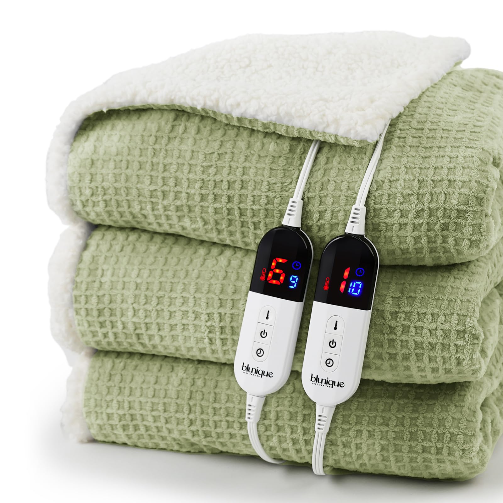 Heated Blanket Electric Throw Waffle, 50x60 Inches Sherpa Fleece Fast Heating Blanket 6 Heating Levels & 4 Hours Auto Off ETL Certification, Sage Green Throw