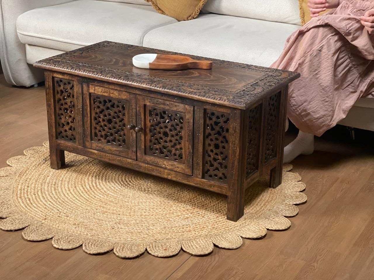 Hand-Carved Wooden Coffee Table – 36” x 18” Rectangular Mango Wood Center Table with Storage, Natural Burnt Finish, Living Room & Accent Table