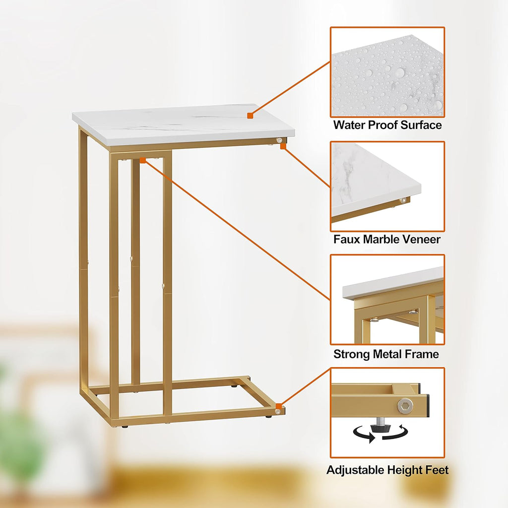Function Home C Shaped End Table, Small Side Tables for Sofa Bed, Couch Tables That Slide Under, Drink Snack Table for Living Room Bedroom Small Space, White Wood Top and Gold Metal Frame