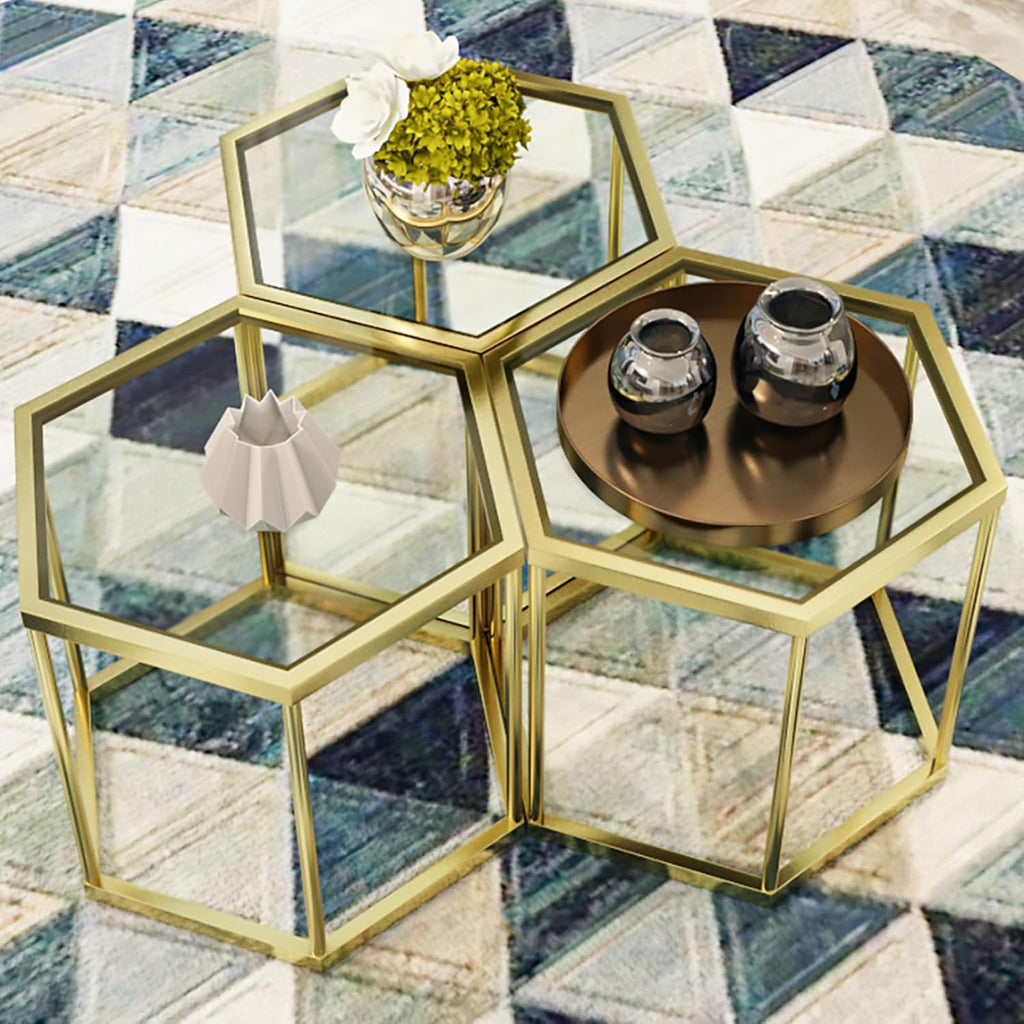 Gold Glass Coffee Table Modern Glass Center Table, Hexagon Free Combination Coffee Table Small End Tables for Living Room Set of 3