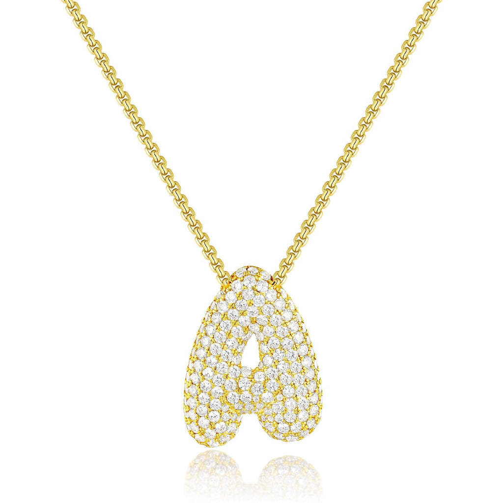 KissYan Bubble Letter Necklace, 14K Gold Plated Balloon Initial Pendant Box Chain Necklace Dainty Pave CZ Jewelry Gift for Women(20mm A)