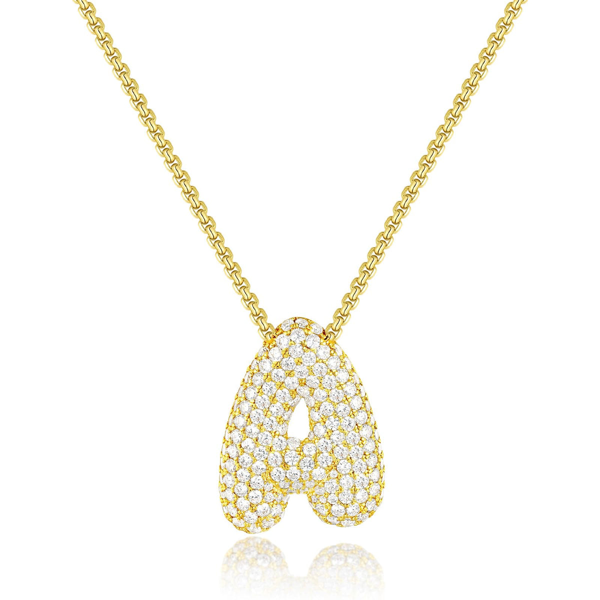 KissYan Bubble Letter Necklace, 14K Gold Plated Balloon Initial Pendant Box Chain Necklace Dainty Pave CZ Jewelry Gift for Women(20mm A)