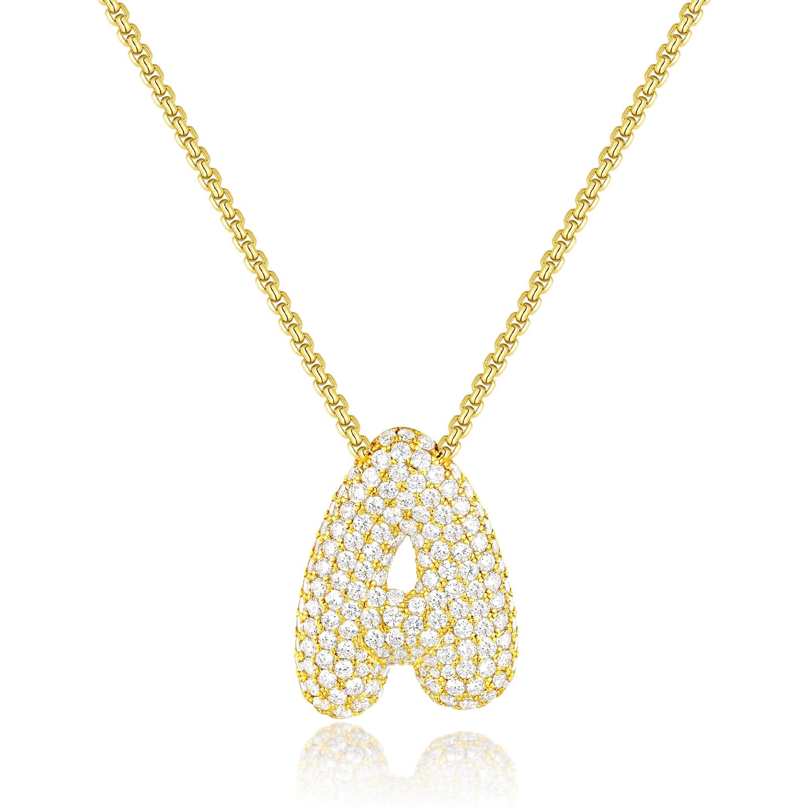 KissYan Bubble Letter Necklace, 14K Gold Plated Balloon Initial Pendant Box Chain Necklace Dainty Pave CZ Jewelry Gift for Women(20mm A)