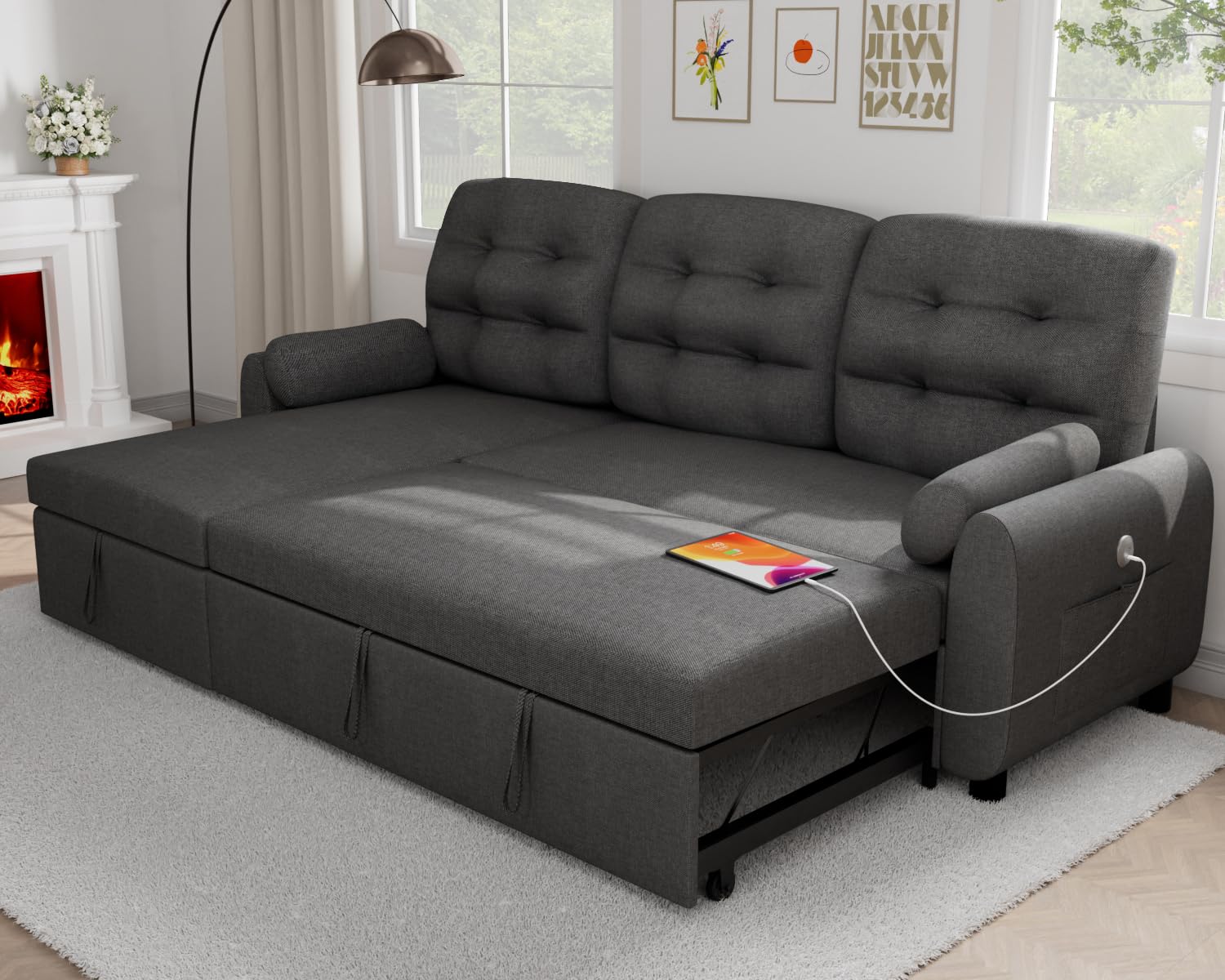Ucloveria Sectional Sofa Couch, 87" Sleeper Sofa Bed with Reversible Storage Chaise Pull Out Couch for Living Room | Side Pocket | Charging Station | Removable Backrest | Linen Fabric, Black