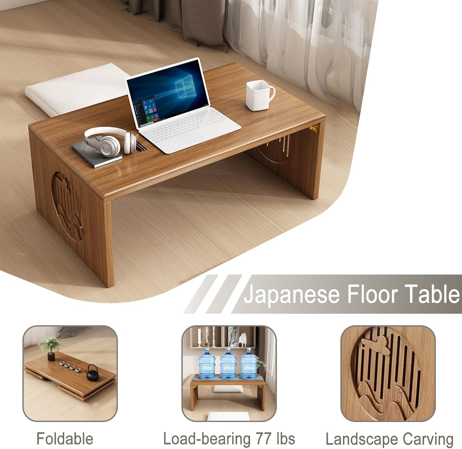 Japanese Floor Table, Bamboo Folding Coffee Table for Sitting on The Floor, No Assembly Small Low Tables for Dinning Tea Room, Zen Living Room(Brown, 80CM)