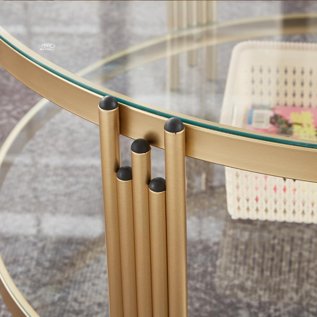 Gold Glass Coffee Table for Living Room, 36" Round Glass Coffee Table with Metal Frame, 2 Tier Circle Coffee Table for Home, Office, Apartment