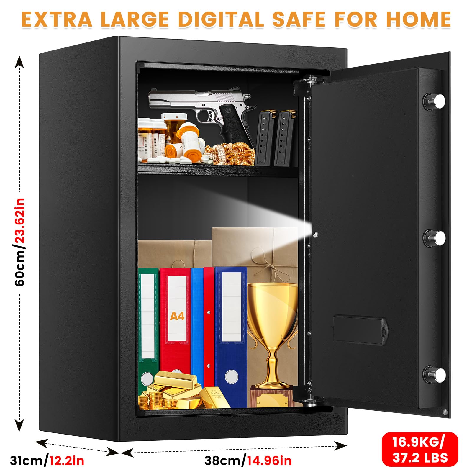 4.1 Cuft Fireproof Safe For Home Documents, Safe Box Fireproof Waterproof, Security Document Safes With Keypad Key Lock, Silent Mode, Removable Shelf, Large Digital Combination Safe For Money Jewelry