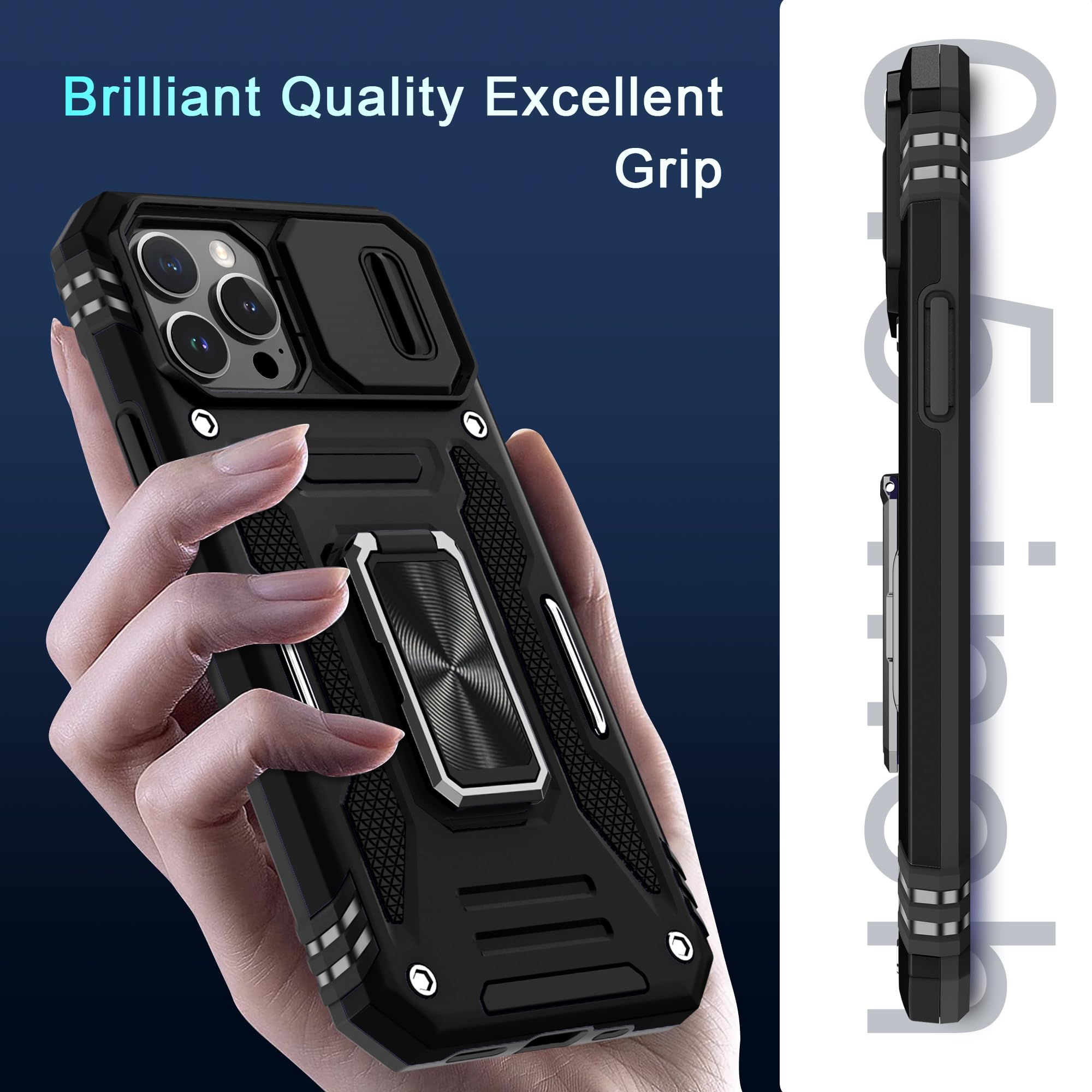 DEERLAMN Hoes voor iPhone 13 Pro Max met schuifcamera cover+schermbeschermer (1 stuk), gedraaide ring standaard militaire graad schokbestendige beschermhoes 6.7 inch-zwart