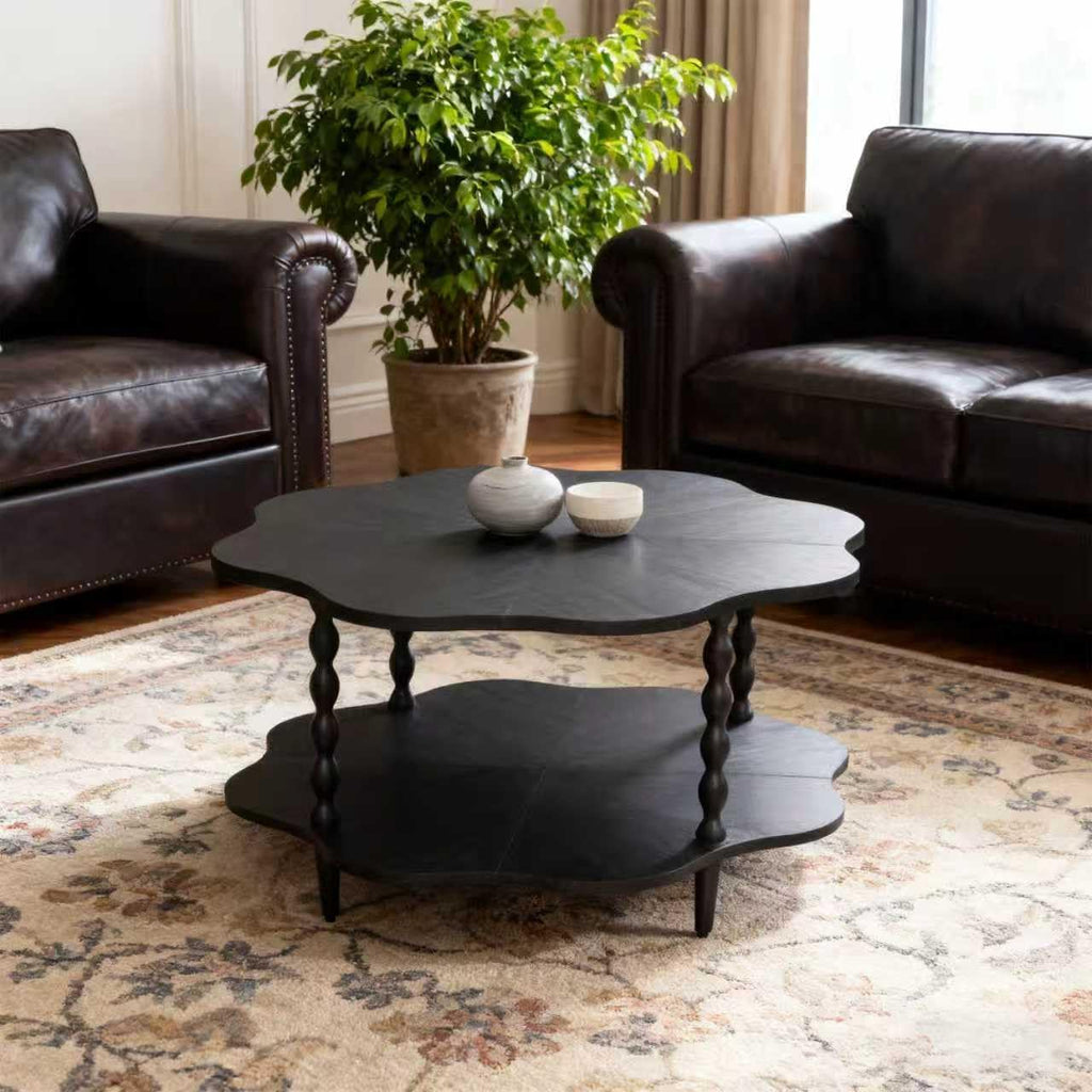 31.5" Coffee Table, 2-Tier Center Table with Storage Shelf for Living Room, Small Space Home Office, Flower Shape, Easy to Assemble