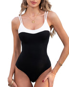 ACHREPLA Ribbet Énstykke Badedragter til Kvinder Sexet Krydsryg Mavekontrol Badedragt Dobbelt Stropper Badetøj Sort og Hvid
